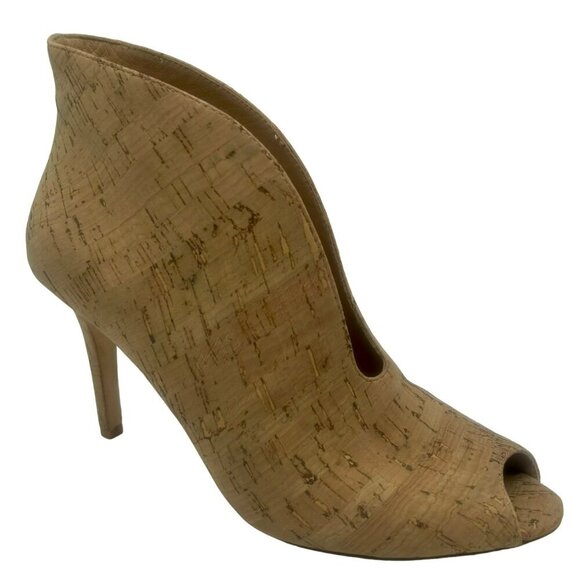 Vero Cuoio Bootie‎ Stiletto Cork Shoes Women 8 Tan Beige Italy Peep Toe Heels - Picture 1 of 11